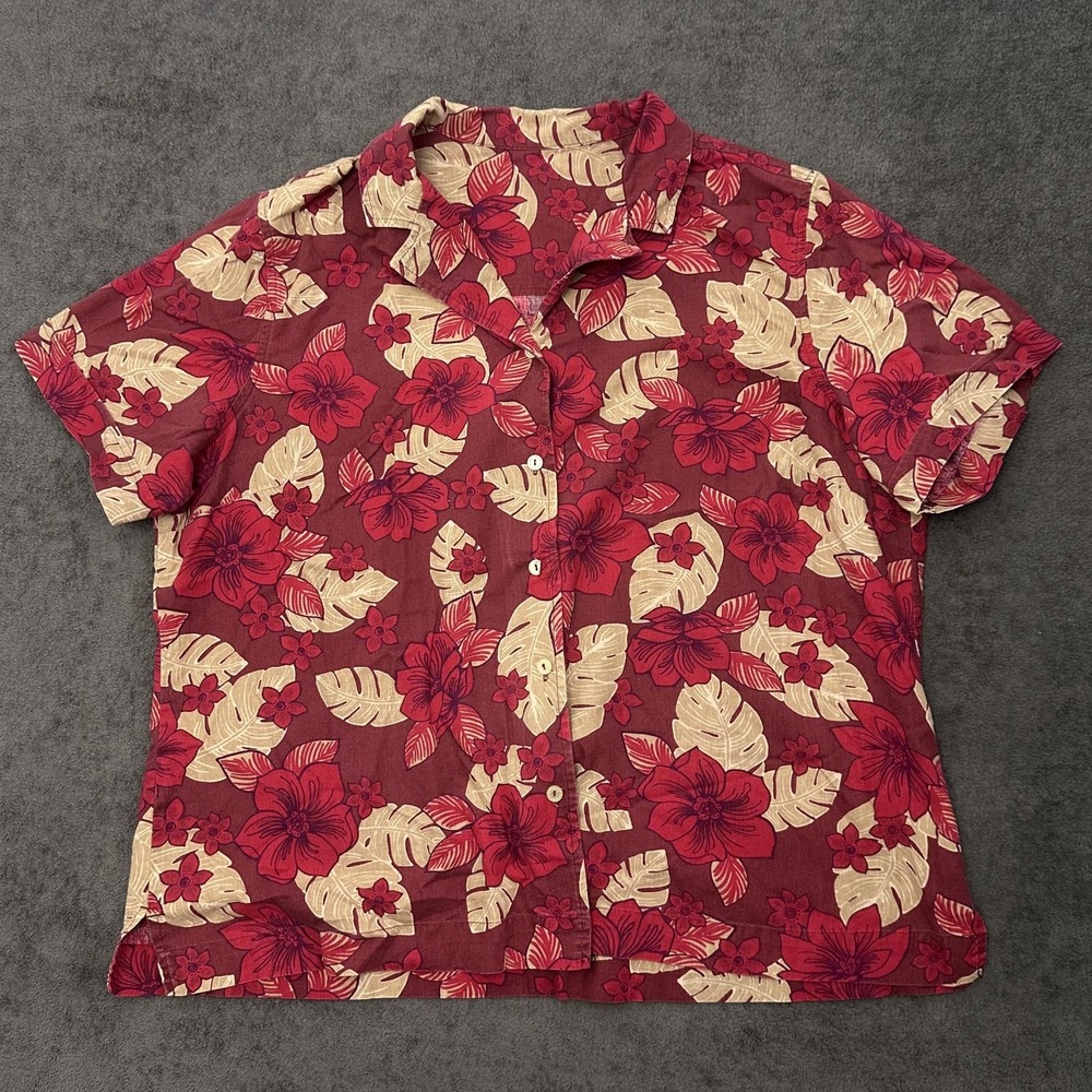 vintage hawaiian shirt floral button up size XL red flowers spread neck 90s